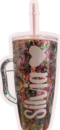 Paquete 3 Vasos Glitter Personalizados Con Asa Y Popote Moda