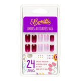 Kit Com 24 Unhas Postiças Com Cola Autoadesiva Linha Bonitta Cor Vinho - Brilho Delicado