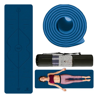 Tapete Antideslizante Yoga 6mm con lineas de alineación | Esterilla antiderrapante de alta calidad de TPE para yoguis, pilates, entrenamiento en casa, funcional y estiramientos con líneas de Guía Azul | Meses sin interés