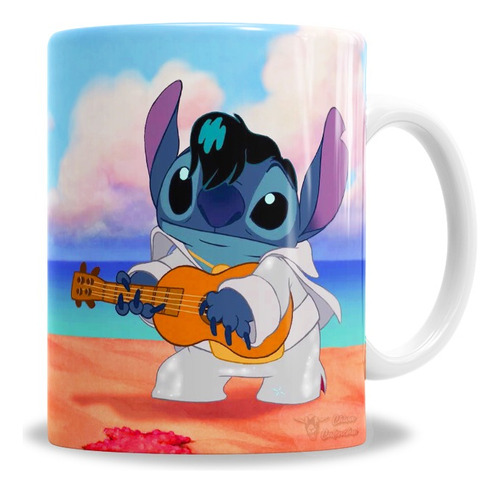 Taza De Cerámica Stitch Elvis En La Playa, Ukelele - En Caja