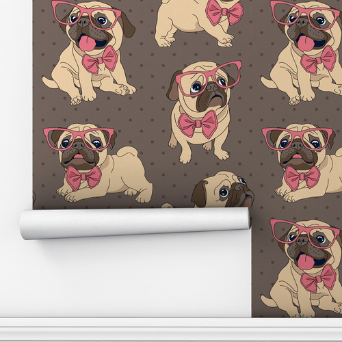 Papel Parede Infantil Cachorrinho Pug Fundo Marrom 5m