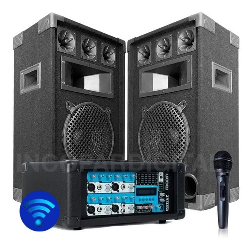 Combo Consola Potenciada 4 Canales + Bluetooth + Usb + 2  Bafles + Microfono 