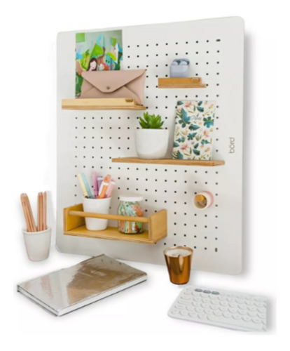 Organizador De Pared Para Escritorio Perforado Tablero Madera Blanco Con Accesorios Bord 58,5x50 Cm Fibroplus De 3mm Accesorios De Multilaminado De Guatambú Kr011110