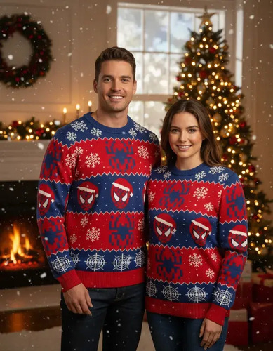 Spiderman Ugly Sweater Sueter Navideño Familia Azul | Meses sin interés