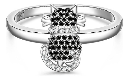 Anillo Gato Negro Para Mujeres Y Niñas Plata Lindo Para Aman