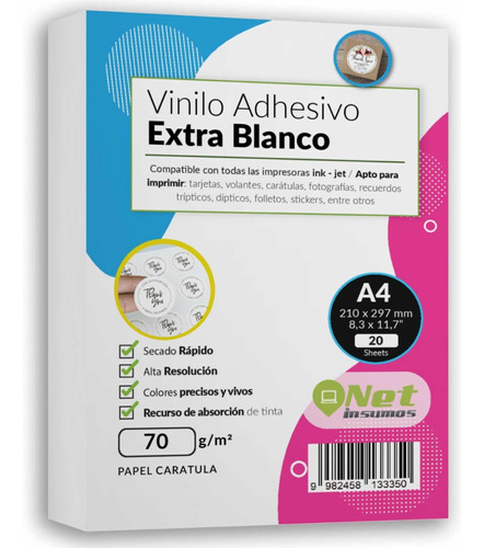 Vinilo Adhesivo A4  Extra Blanco 20 Hojas 70gr