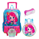 Kit Mochila Escolar Sereia Anime Infantil Rodinhas Tam G