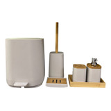 Kit De Banheiro Branco Completo C/ Detalhes Em Bambu 6pcs