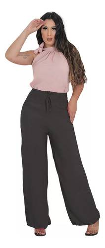 Calça Pantalona Feminina Cintura Alta Viscolinho Cos Largo