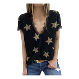 H Tops Para Mujer, Cuello En V, Estampado De Estrellas, Mang