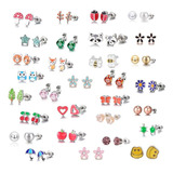 Aretes 30 Pares Frutas Animales Lindos Colores Acero Set