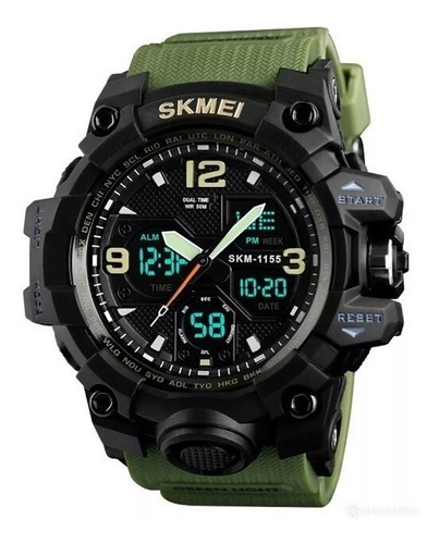 Reloj De Pulsera Skmei 1155 De Cuerpo Color Negro, Analógico-digital, Para Hombre, Fondo Negro, Con Correa De Poliuretano Color Verde, Agujas Color Verde Y Naranja Y Blanco, Dial Amarillo Y Blanco, Su