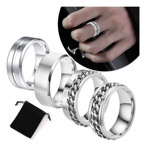 4pz Plata Anillo Hombre Titanio Acero Inoxidable Minimalista