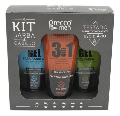 Kit Barba Shampoo 3em1 + Gel Para Barbear + Gel Pós Barba