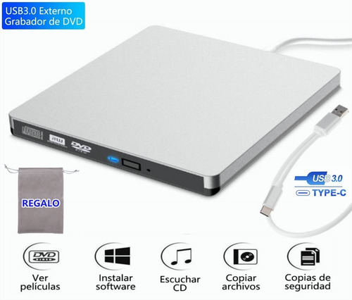 Grabador Quemador Externo Cd Lector Dvd Slim Con Usb Type C