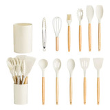 Kit De 12 Cucharas De Cocina De Silicona Con Mango De Madera