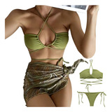 Traje De Baño Bikini Sexy Para Mujer Con Pareo De Playa 3pcs