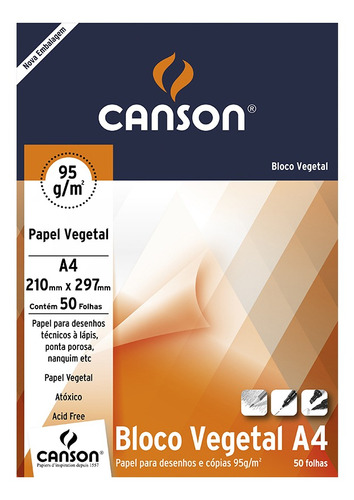 Bloco De Papel Canson Vegetal 95g A4 Com 50 Folhas