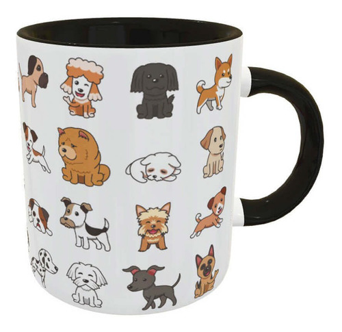 Caneca Kawaii Cães Cartoon Presente Criativo Geek Cor Preto