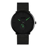 Reloj Pulsera Skmei 9185 De Cuerpo Color Negro, Analógico, Fondo Negro, Con Correa De Acero Color Negro, Agujas Color Negro Y Verde, Dial Negro, Subesferas Color Negro, Minutero/segundero Negro Y Verd