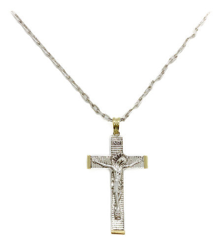 Cadena Forcet Larga Y Crucifijo Jesús Plata 925 Y Oro 72 Cm