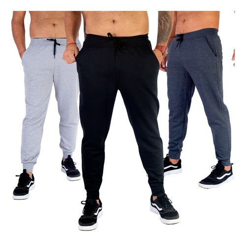 Kit 3 Calça Moletom Slim Jogger Com Bolso Masculino Adulto