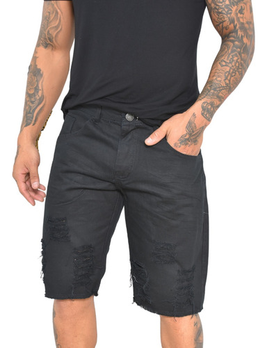 Shorts Jeans Masculino Bermuda Sarja Azul Medio Destroyed 