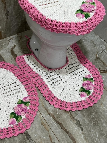 Tapete De Croche Para Banheiro Jogo Com 3pç Bordado