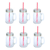 Set 6 Tarros Mason Jar Labrado Vidrio 450ml Tapa Y Popote