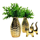Kit Decoração 02 Vasos Dourado + 2 Gatinhos + Planta Artif.