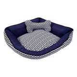 Colchonete Cama Pet Caminha Casa Laura Enxovais Zigzag Azul Marinho Com Almofada Ossinho Estampado Luxo 100% Algodão Tamanho Grande