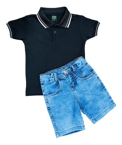 Kit Camisa Polo + Bermuda Jeans Infantil Menino Promoção