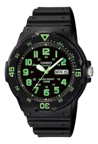 Reloj De Pulsera Casio Youth Mrw-200 De Cuerpo Color Negro, Analógico, Para Hombre, Fondo Negro, Con Correa De Resina Color Negro, Agujas Color Blanco Y Verde, Dial Verde, Minutero/segundero Verde, Bi