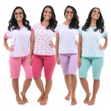 Kit 4 Pijama Pescador Adulto Feminino Blusinha E Calça Curta