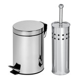 Conjunto Para Banheiro Lixeira + Escova Sanitária C/ Suporte Cor Inox