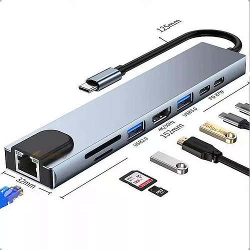 Hub Adaptador Usb Tipo C 8 En 1 Para Mac Macbook Windows