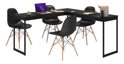 Set Mesa Em L Escrivaninha Industrial + 4 Cadeiras Eames
