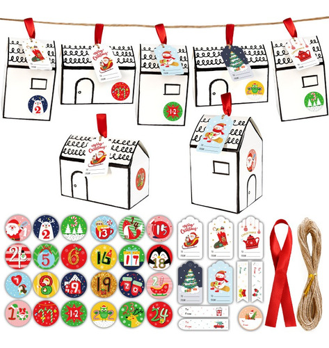 Paquete De 24 Cajitas Forma De Casa Con Stickers Navideños 