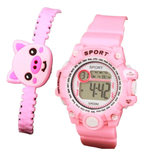 Reloj Económico Digital Con Pulsera Cerdito Rosa Para Mujer