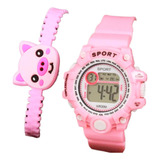 Reloj Económico Digital Con Pulsera Cerdito Rosa Para Mujer