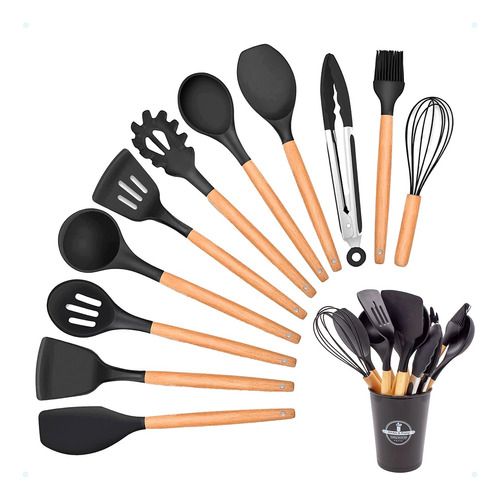 Kit 12 Utensílios De Cozinha Em Silicone E Cabo De Madeira