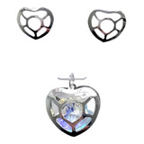 Set Juego Dije Y Aretes Dama Plata 925 Corazon Swarovski 3u