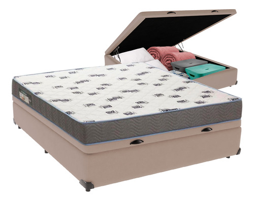 Cama Box Casal Com Bau Ortobom D33 Light Bege