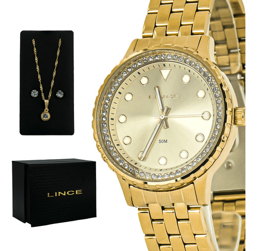 Relógio Lince Feminino Dourado Social Barato + Colar Brinco