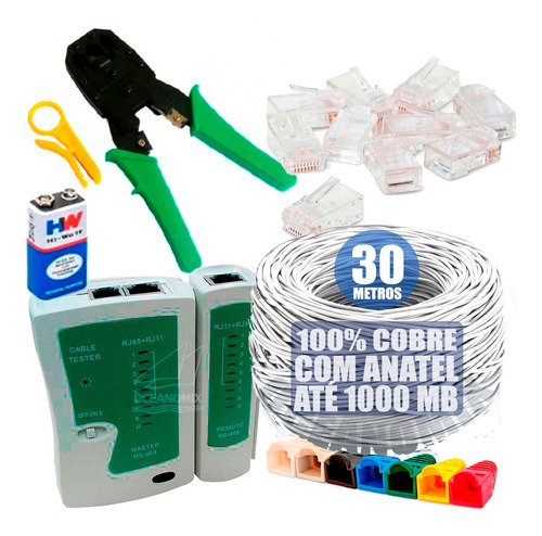 Kit 30mt Cabo Rede Utp 100% Cobre Alicate Testador Rj45 Giga