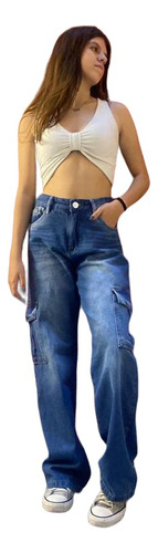 Calça Jeans  Feminina Wide Leg Cargo Rasgos Infantil Juvenil