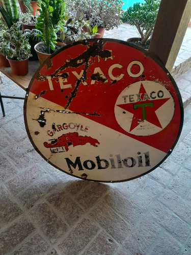 Antiguo Cartel Enlozado  Nafta Texaco / Mobiloil 90 Cm Diám