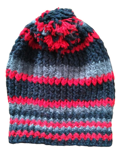 Gorro Lana Artesanal Rojo Y Negro C  Pompón  Trenzas Caba