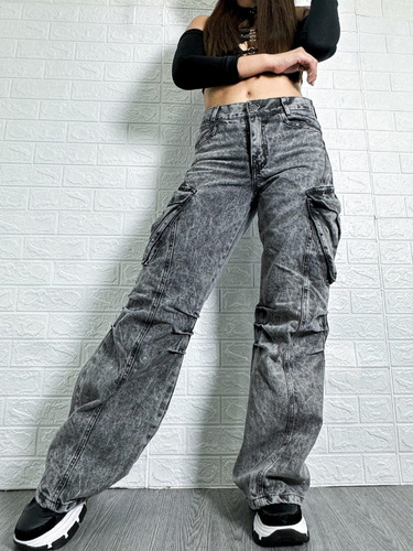 Jean Pantalón Cargo Mujer Gris Overside Wide Leg Dama Moda