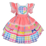 Vestido Infantil De Festa Junina Caipira Salmão Menina Luxo